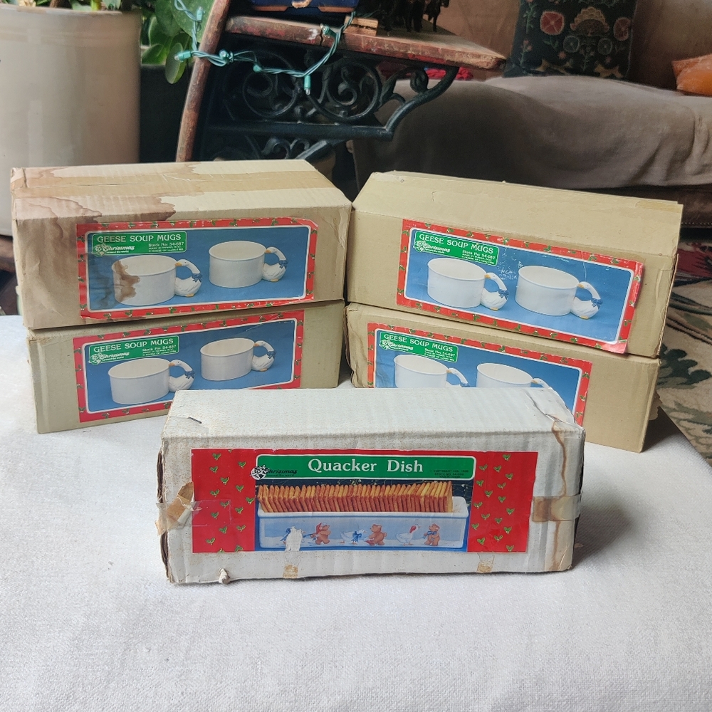 80s Country Goose Blue Ribbon Soup Mugs Lot of 8 and Cracker Dish House of Lloyd